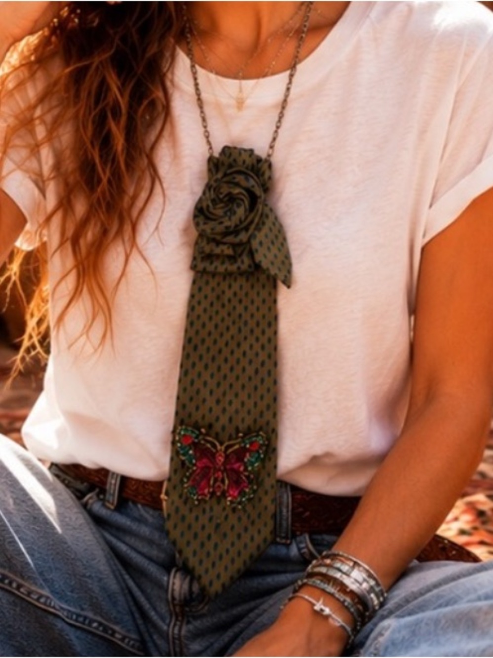 Olive Green Polka Dot Silk Scarf Necklace with Butterfly Accent